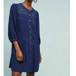 Anthropologie Dubois Navy Blue Embroidered Shirtdress